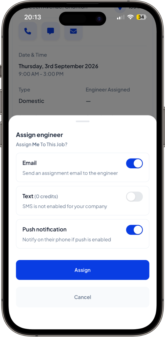 Assigning a job to an engineer on iPhone