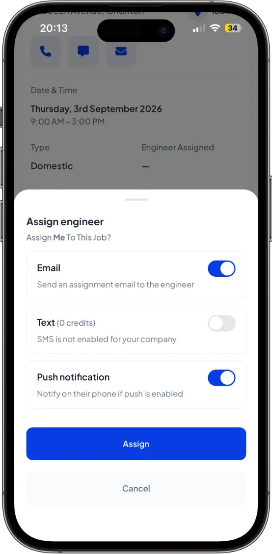 Assigning a job to an engineer on iPhone