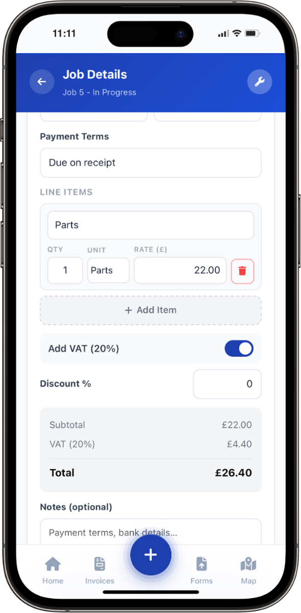 Mobile invoicing in Total Tradesmen