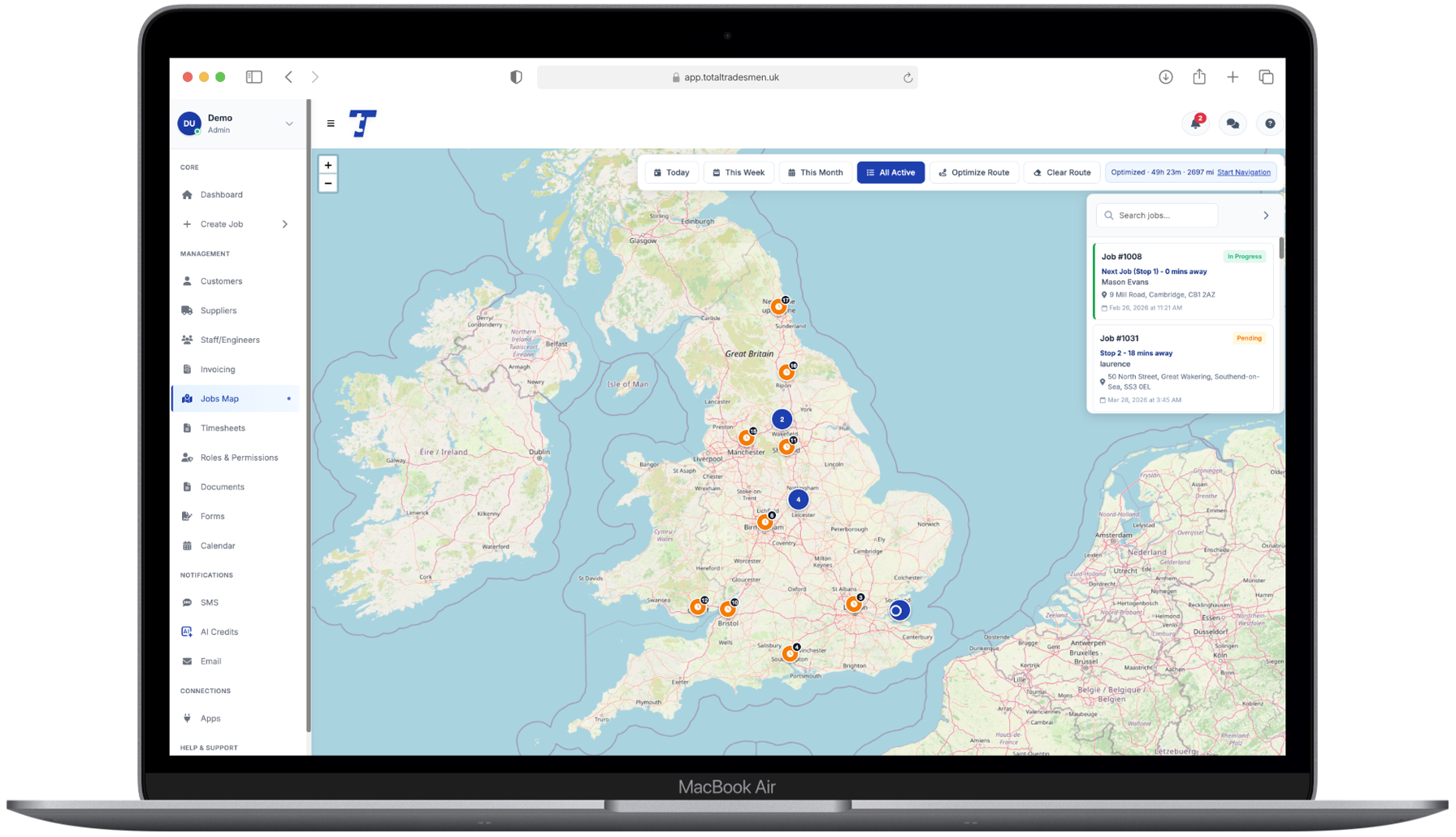 Jobs map view in Total Tradesmen for UK trades