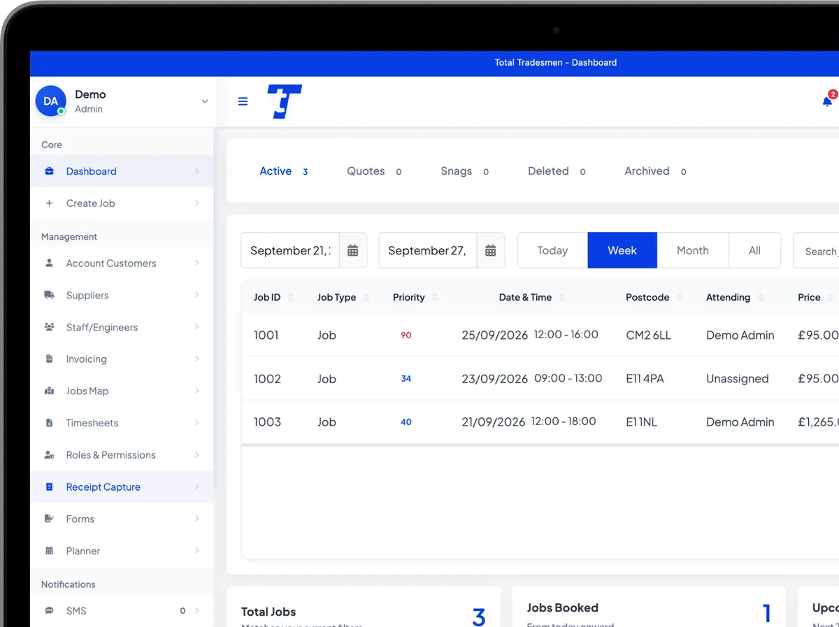 Total Tradesmen dashboard on laptop