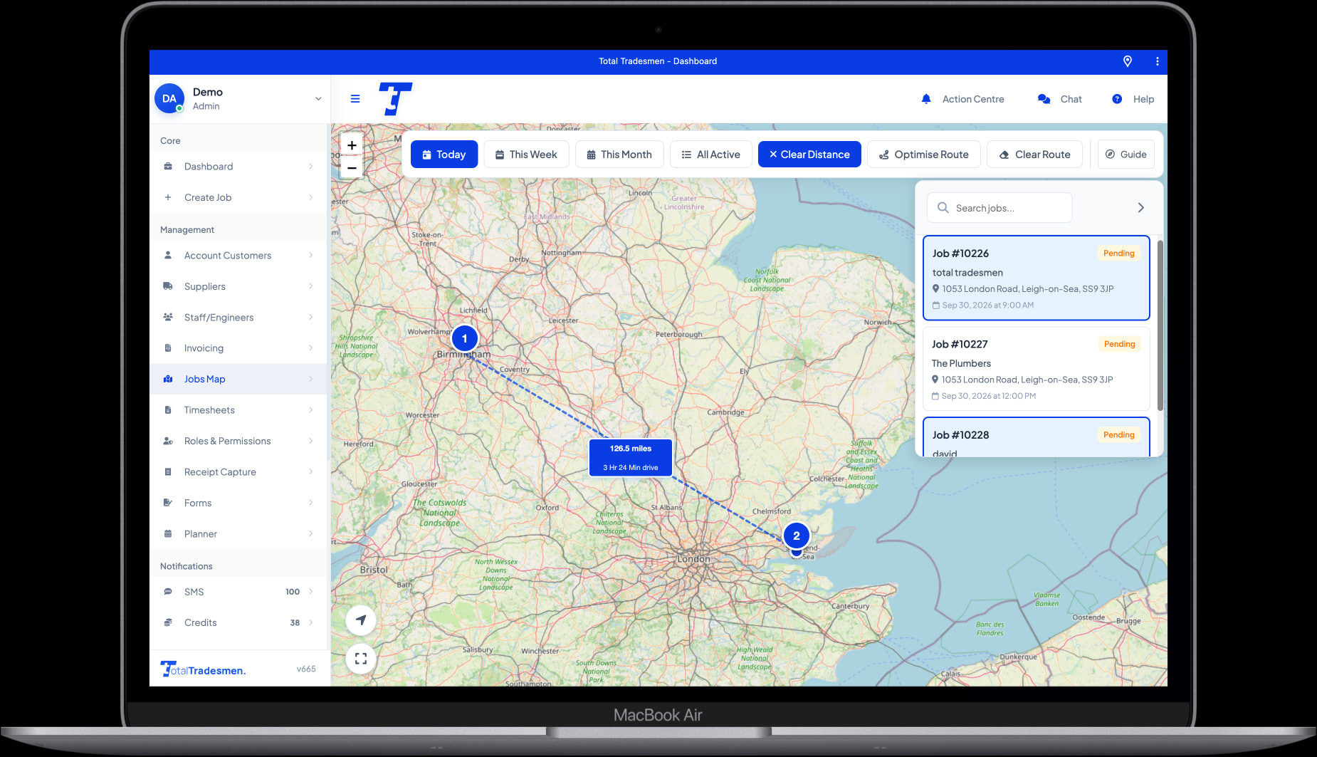 Jobs map and schedule on laptop in Total Tradesmen