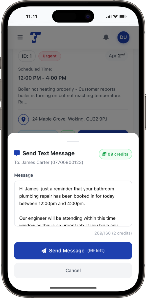 Phone screen showing send a text message to the customer in Total Tradesmen