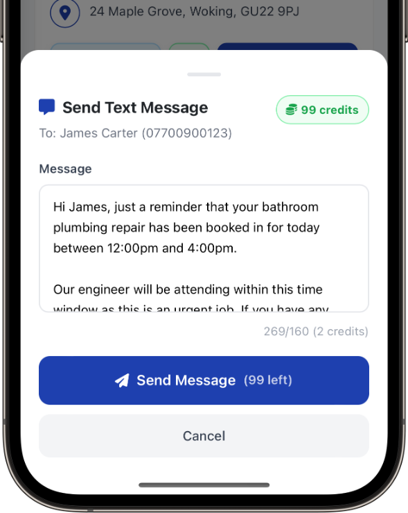 Phone screen showing send a text message to the customer in Total Tradesmen