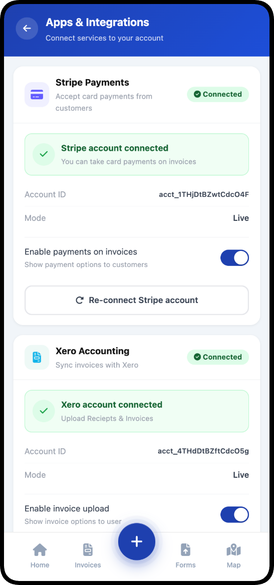 Connections and integrations in Total Tradesmen