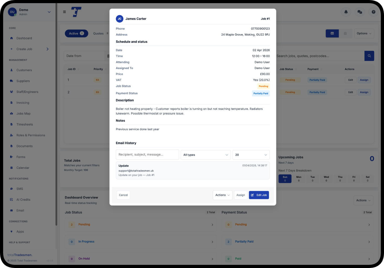 Job details for a visit on desktop in Total Tradesmen