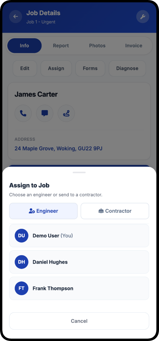 Assigning a job to an engineer or subcontractor on phone
