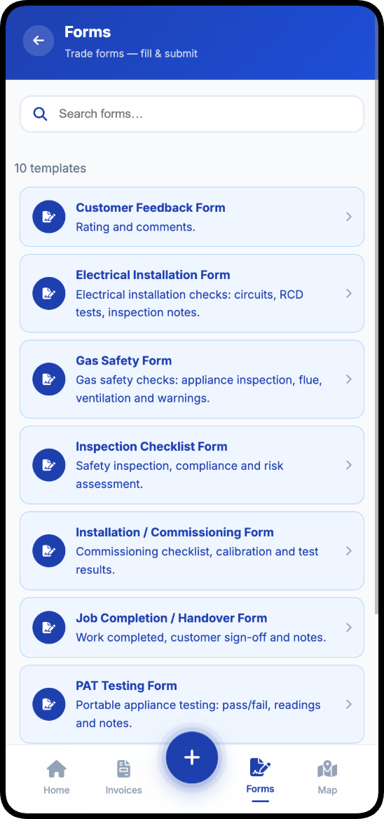 Mobile forms list in Total Tradesmen including gas safety and trade forms
