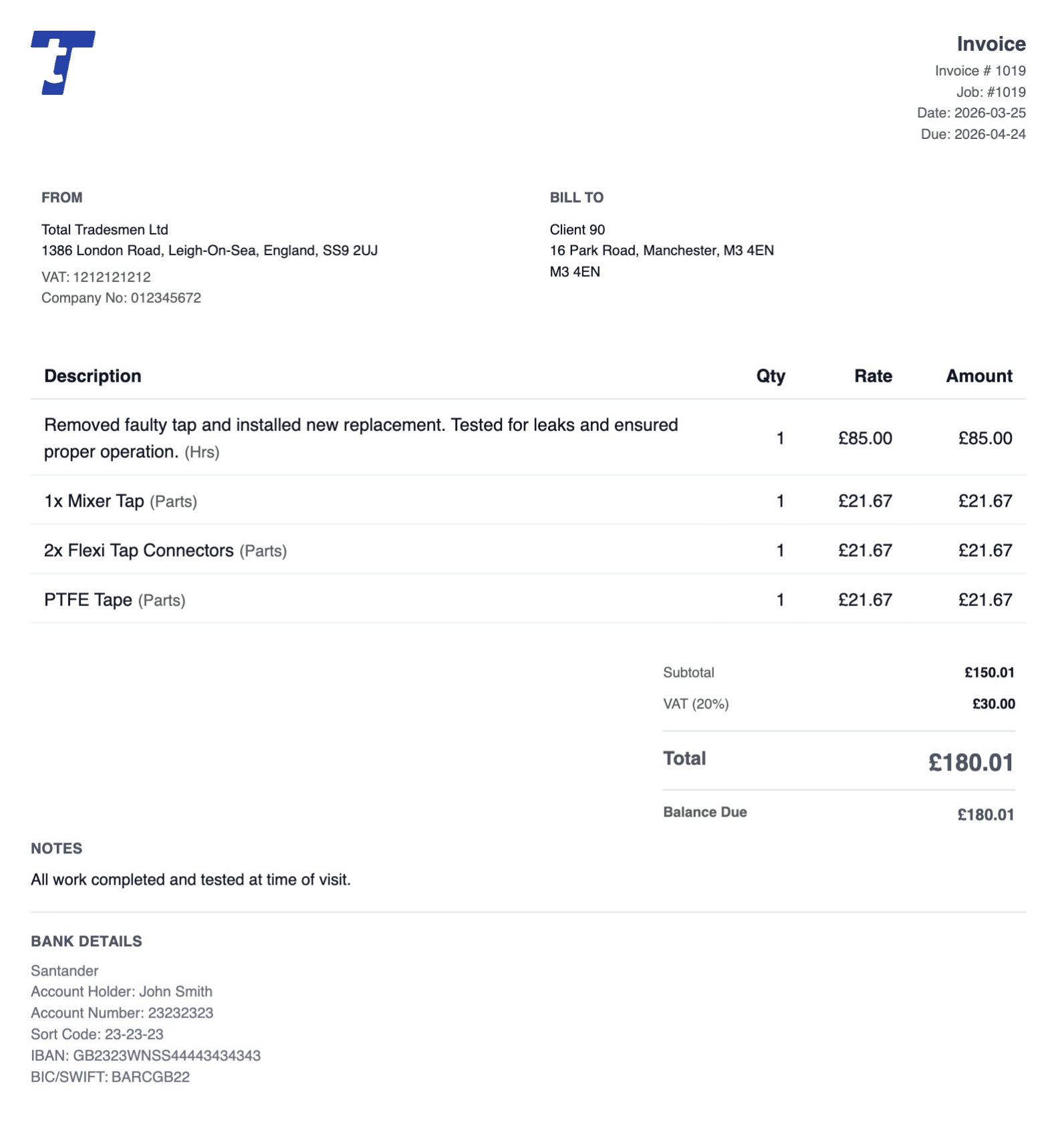 Branded desktop invoice in Total Tradesmen