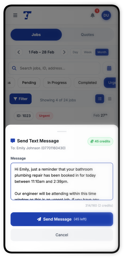 Phone screen showing send a text message to the customer in Total Tradesmen