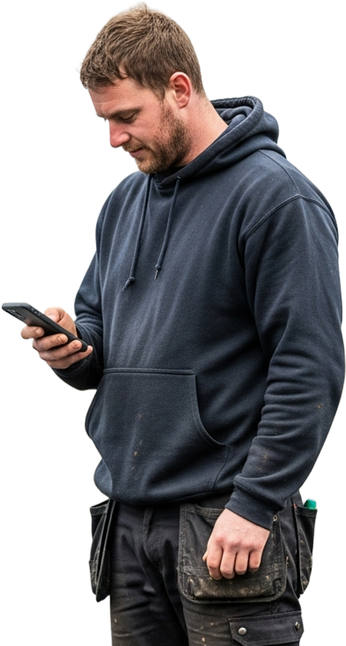 Tradesperson using Total Tradesmen on a phone on site